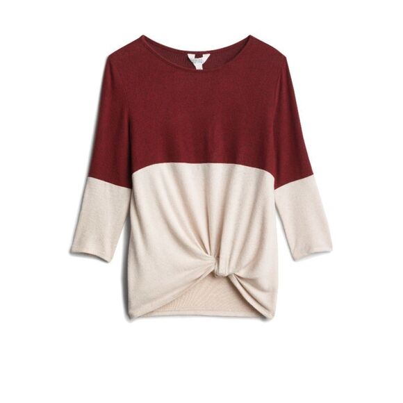 Market & Spruce Denver Front Twisted Knit Burgundy and Cream Color Block Sweater - Picture 1 of 5